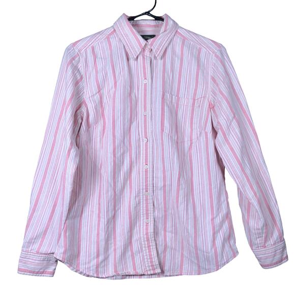 Eddie Bauer Womens Shirt Pink White Striped Collared Button Down Small - Picture 1 of 11